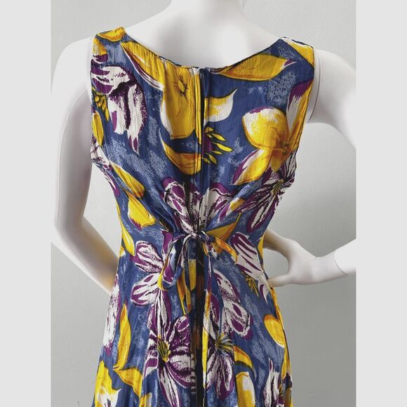 Vintage Y2K Floral Sleeveless Dress Blue Yellow Purple A-Line Tropical Print S - Picture 5 of 7